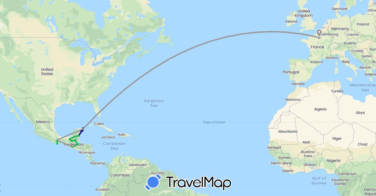 TravelMap itinerary: driving, bus, plane, hiking, boat in France, Guatemala, Mexico (Europe, North America)